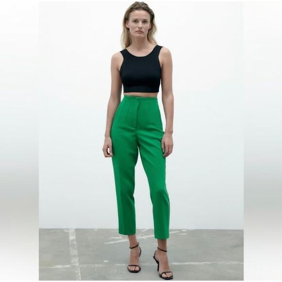 Zara Green Pants With a High Waist Straight Leg Classic Minimalist Office S - Picture 1 of 9